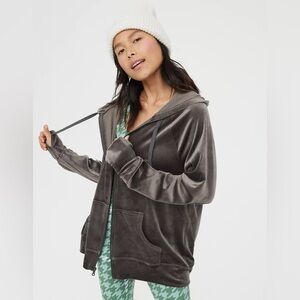 Aerie. After Party Velour Oversized Full Zip Hoodie. Smoked Gray. Size Medium.
